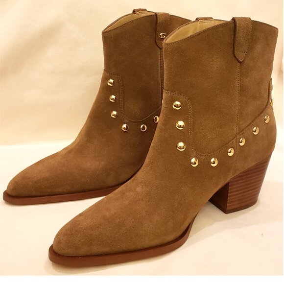 Coach Heeled Gold Studded Ankle Booties Size -9.5B Tan Leather/Suede - Picture 6 of 10